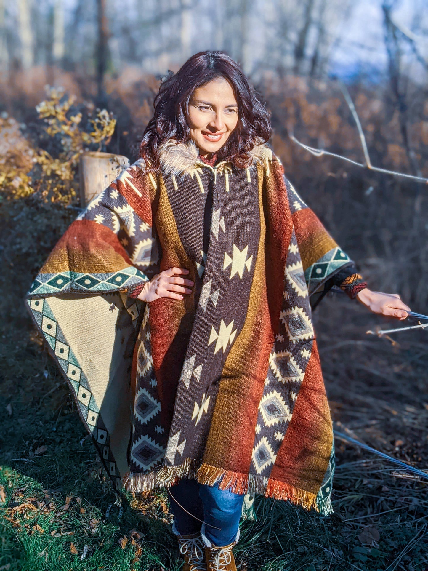 Alpaca Poncho Granite Grey Geometrical Pattern