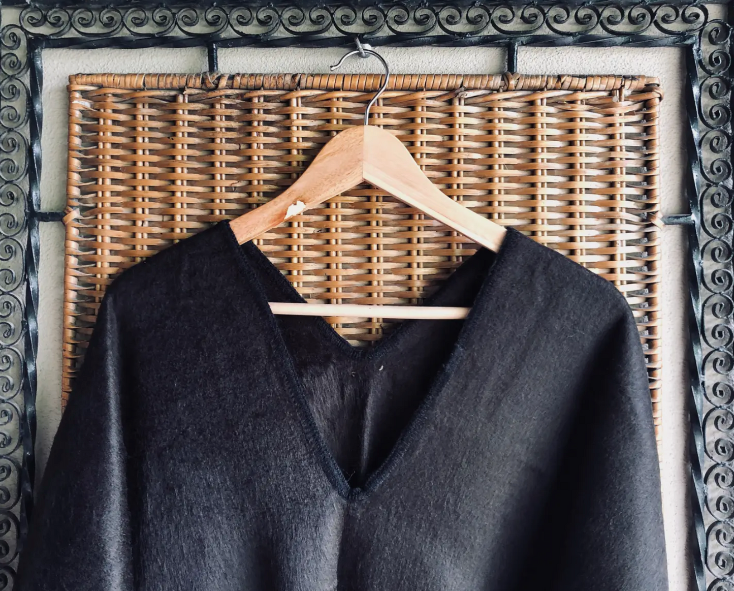 V Neck Black Alpaca Poncho