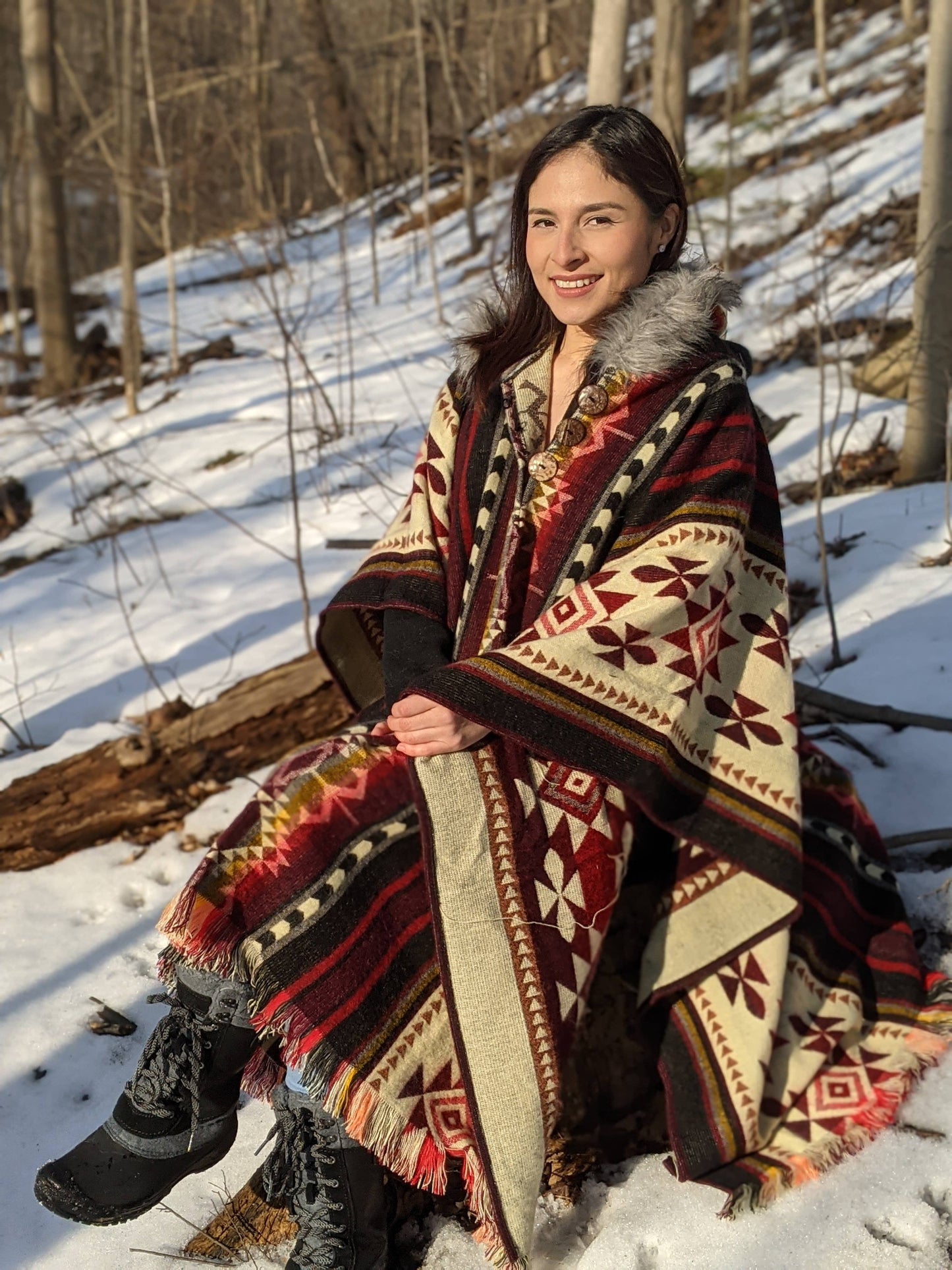 Alpaca Poncho Red Tribal Geometrical Pattern