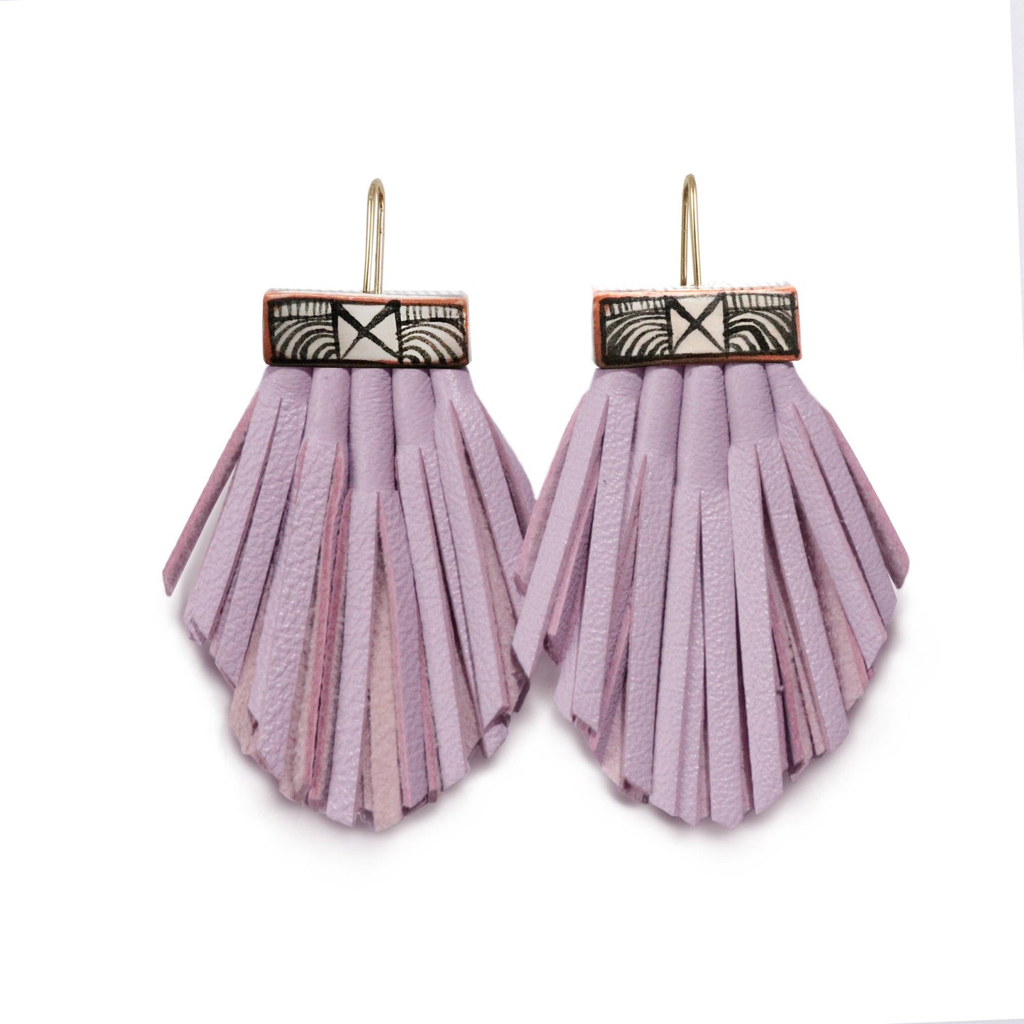 Leather Tassel & Ceramic Fan Earrings