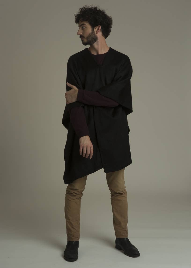 V Neck Black Alpaca Poncho
