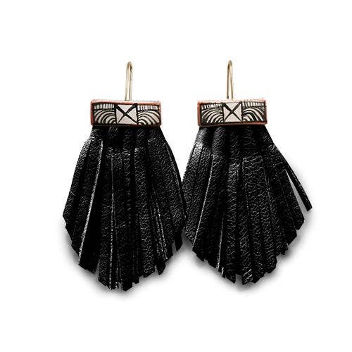 Leather Tassel & Ceramic Fan Earrings