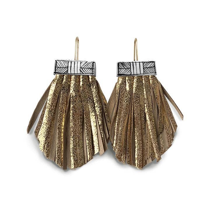 Leather Tassel & Ceramic Fan Earrings