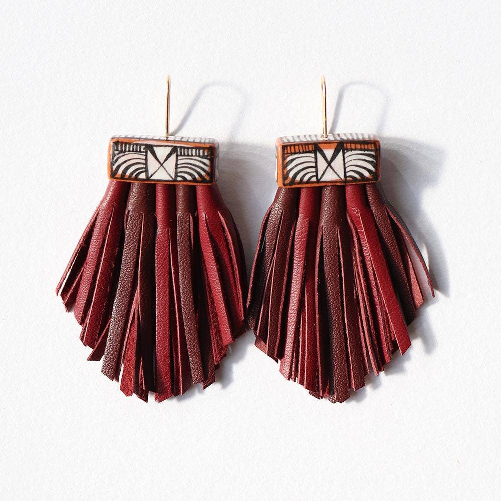 Leather Tassel & Ceramic Fan Earrings