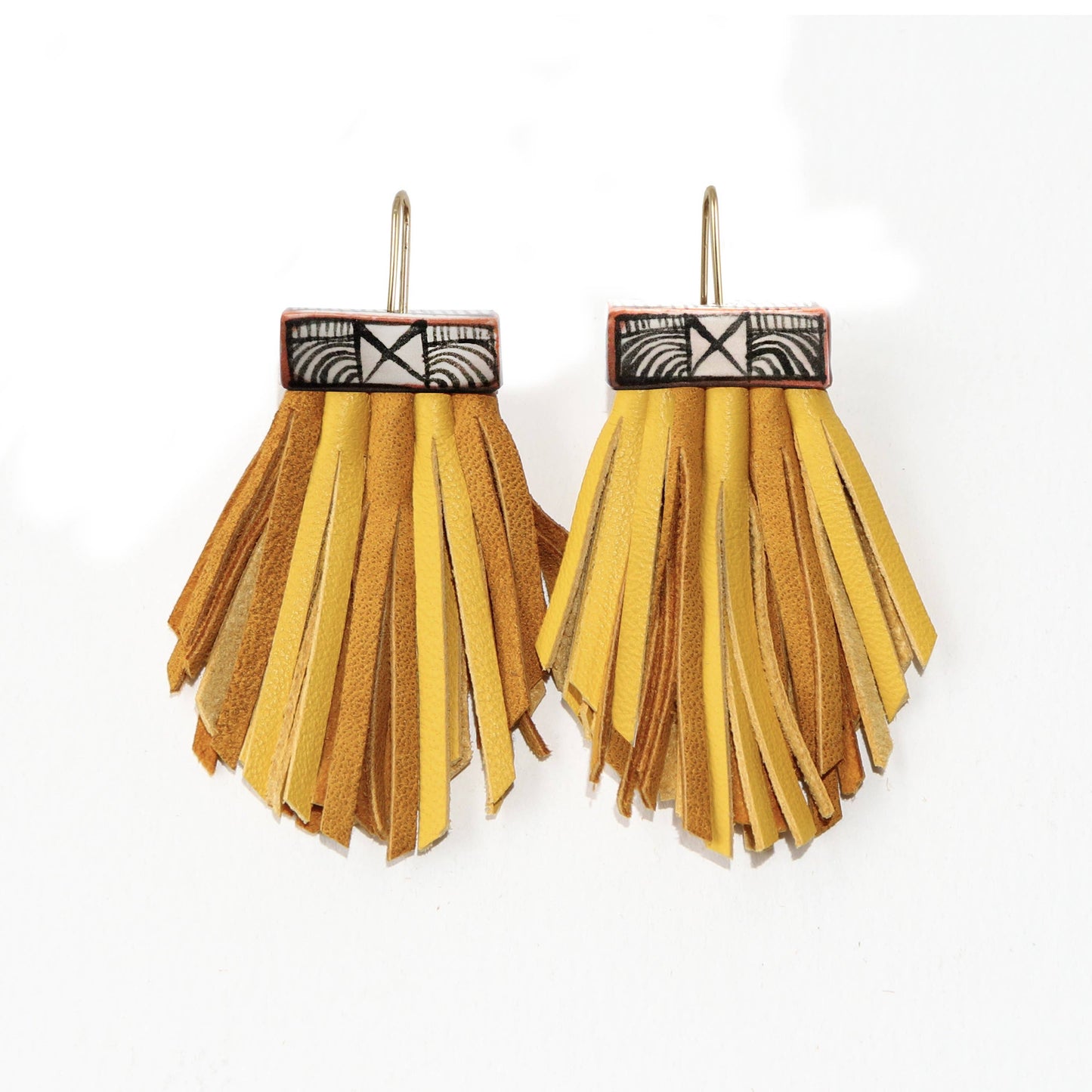 Leather Tassel & Ceramic Fan Earrings