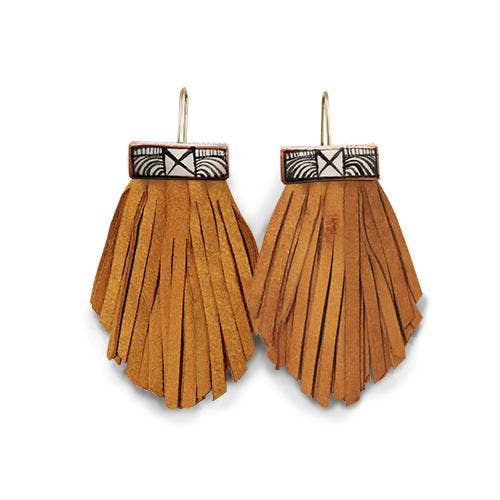 Leather Tassel & Ceramic Fan Earrings