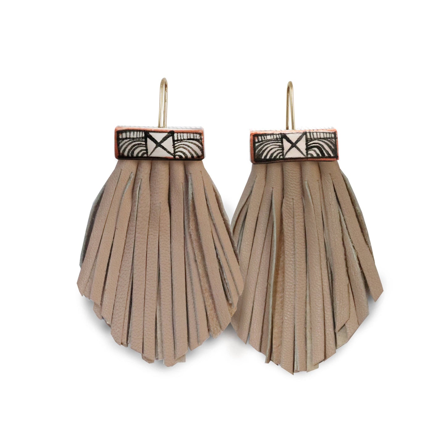 Leather Tassel & Ceramic Fan Earrings